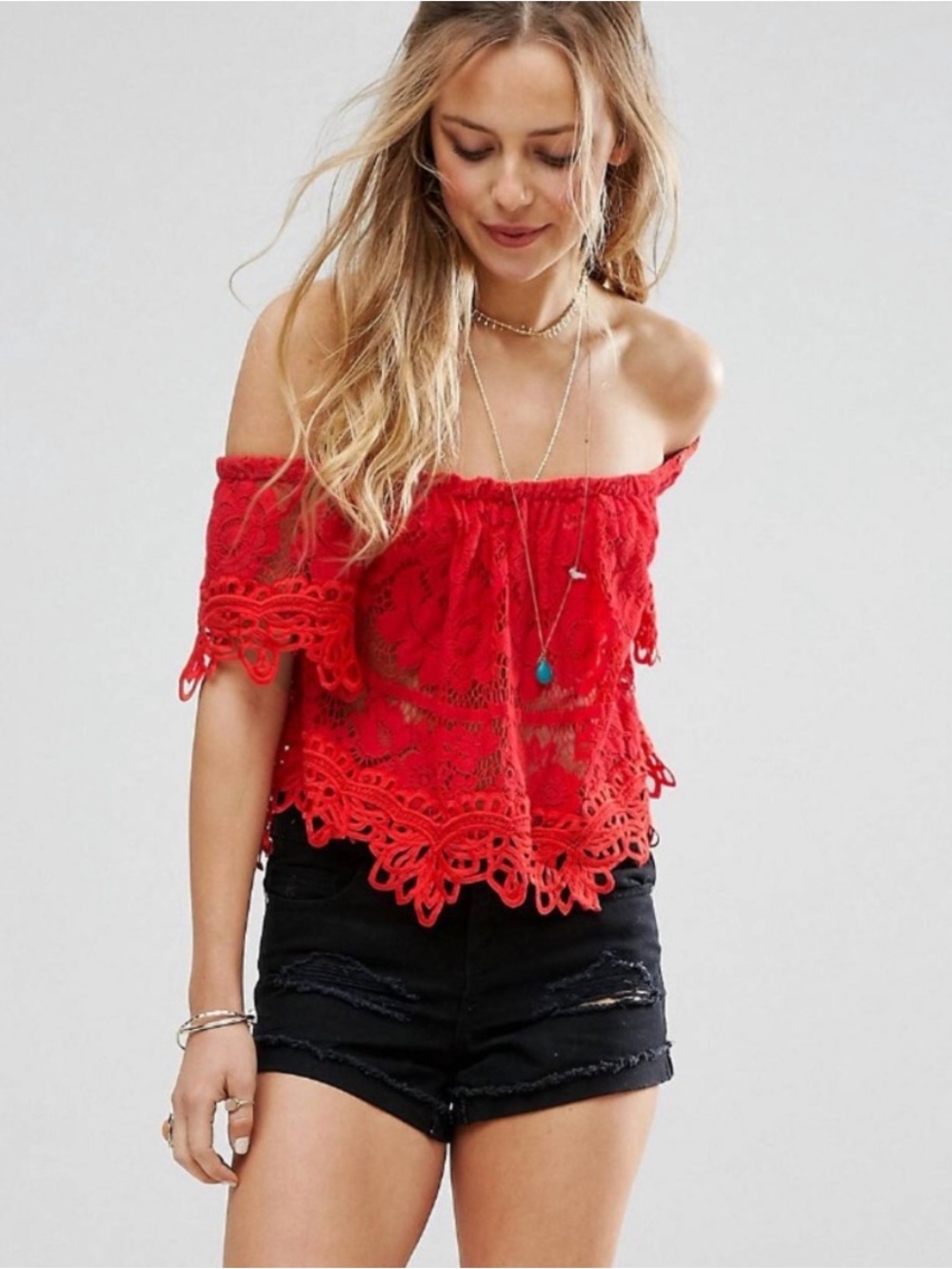 EUC Free People Red Off-Shoulder Lace Crop Top